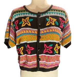 Liz Wear Womens Embroidered Cropped Button Down Sweater